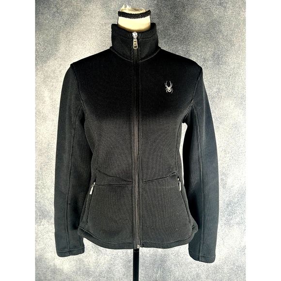 Spyder womans sweater/jacket black knit zip front pockets short good condition M - Picture 1 of 2